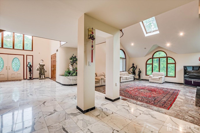 16 Benedek Rd, Princeton, NJ 08540 - entrance foyer featuring a skylight, light marble finish flooring, baseboards, recessed lighting, and high vaulted ceiling