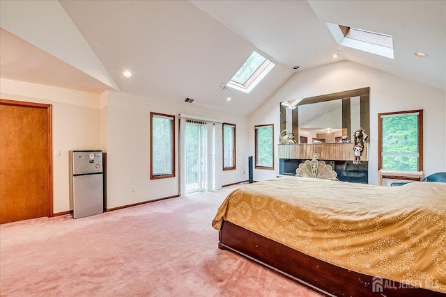 16 Benedek Rd, Princeton, NJ 08540 - bedroom with freestanding refrigerator, a skylight, vaulted ceiling, access to exterior, and multiple windows