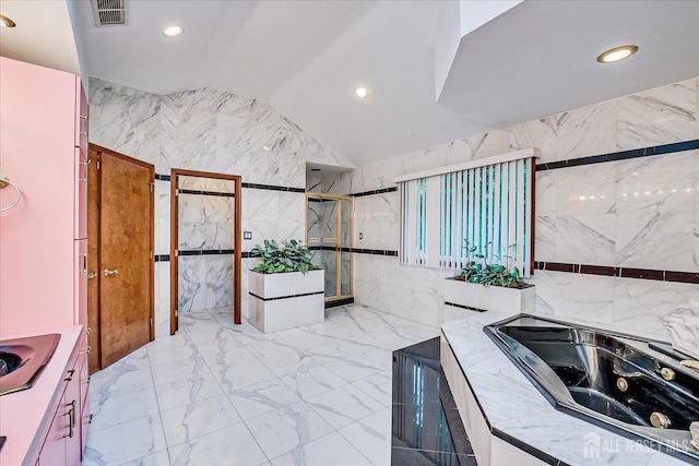 16 Benedek Rd, Princeton, NJ 08540 - bathroom with tile walls, recessed lighting, a marble finish shower, a tub with jets, and marble tiled floors