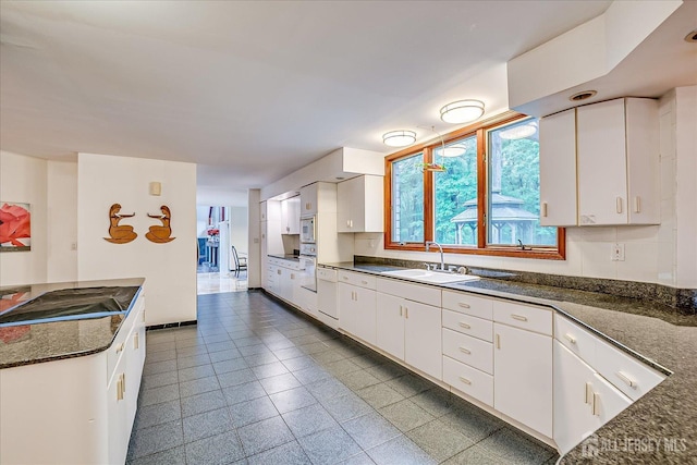 16 Benedek Rd, Princeton, NJ 08540 - kitchen with a sink, white cabinetry, white appliances, and dark stone counters