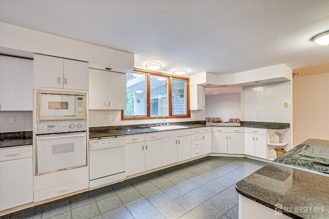 16 Benedek Rd, Princeton, NJ 08540 - kitchen with white appliances, a sink, white cabinetry, decorative backsplash, and open shelves