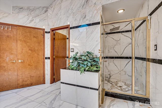 16 Benedek Rd, Princeton, NJ 08540 - full bathroom with marble tiled flooring, a marble finish shower, recessed lighting, and stone wall