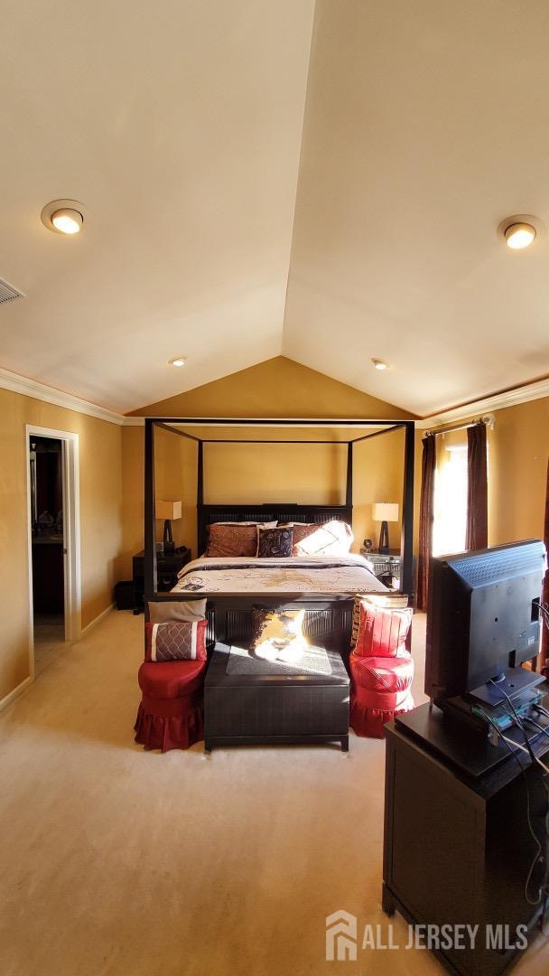 carpeted bedroom featuring lofted ceiling and ornamental molding