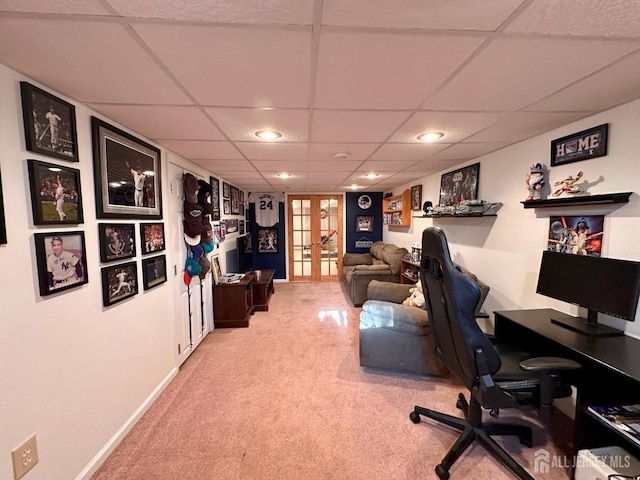office featuring carpet flooring, recessed lighting, baseboards, and a drop ceiling