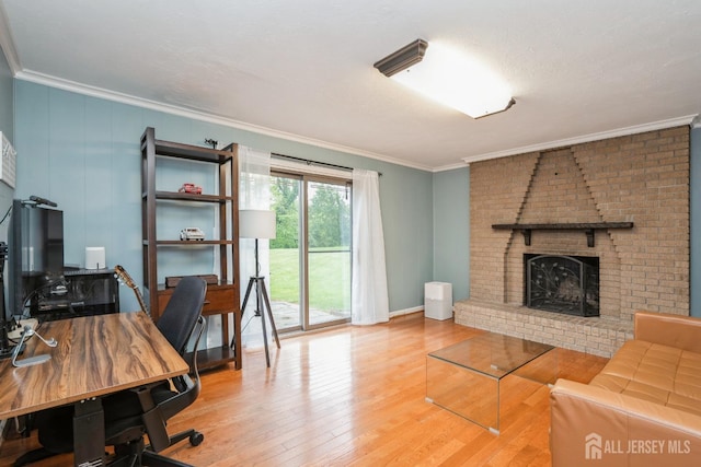 8 Appletree Ln, East Brunswick, NJ 08816 - office with crown molding, wood finished floors, and a brick fireplace