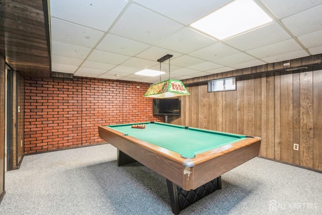 8 Appletree Ln, East Brunswick, NJ 08816 - recreation room featuring brick wall, a paneled ceiling, carpet, wood walls, and pool table