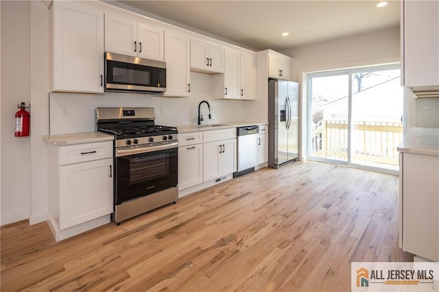 kitchen featuring sink, light wood-type flooring, appliances with stainless steel finishes, decorative backsplash, and white cabinets