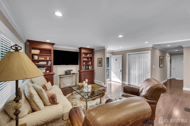 3 William Harrison Dr Unit A, Monroe, NJ 08831 - living room with recessed lighting, baseboards, hardwood / wood-style flooring, ornamental molding, and baseboard heating
