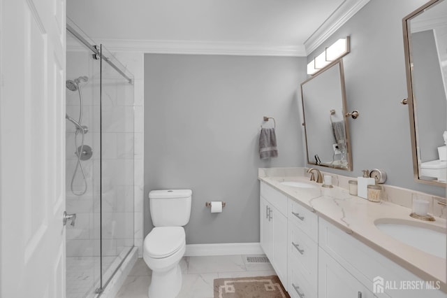 3 William Harrison Dr Unit A, Monroe, NJ 08831 - full bathroom with toilet, crown molding, double vanity, tiled shower, and marble look tile flooring