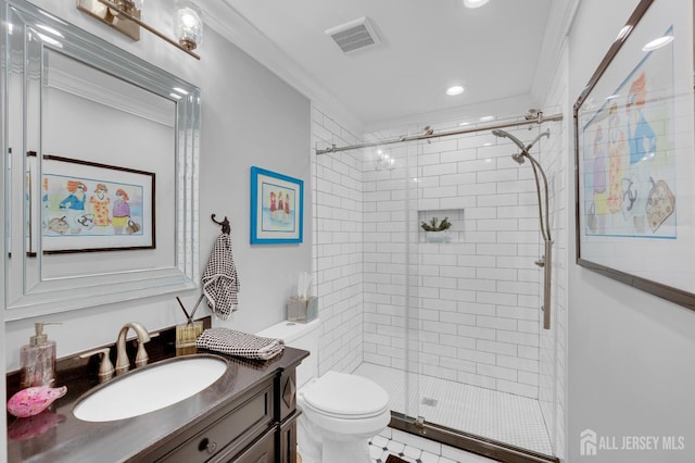 3 William Harrison Dr Unit A, Monroe, NJ 08831 - bathroom featuring vanity, toilet, a shower stall, recessed lighting, and ornamental molding