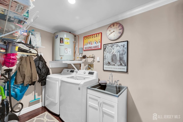 3 William Harrison Dr Unit A, Monroe, NJ 08831 - laundry room featuring electric water heater, separate washer and dryer, crown molding, wood finished floors, and cabinet space