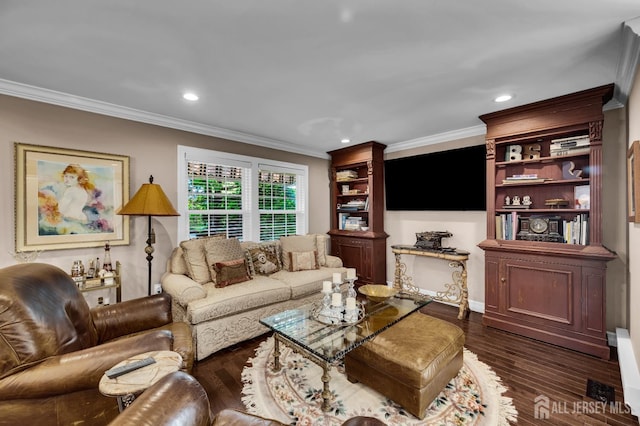 3 William Harrison Dr Unit A, Monroe, NJ 08831 - living area with crown molding, dark wood-style floors, and recessed lighting