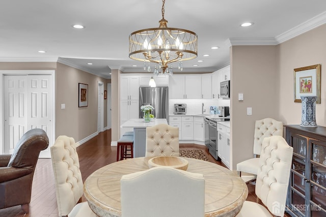 3 William Harrison Dr Unit A, Monroe, NJ 08831 - dining area with dark wood-style floors, recessed lighting, a chandelier, baseboards, and ornamental molding