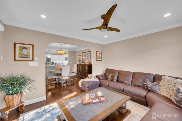 3 William Harrison Dr Unit A, Monroe, NJ 08831 - living area with arched walkways, ceiling fan, wood finished floors, recessed lighting, and crown molding