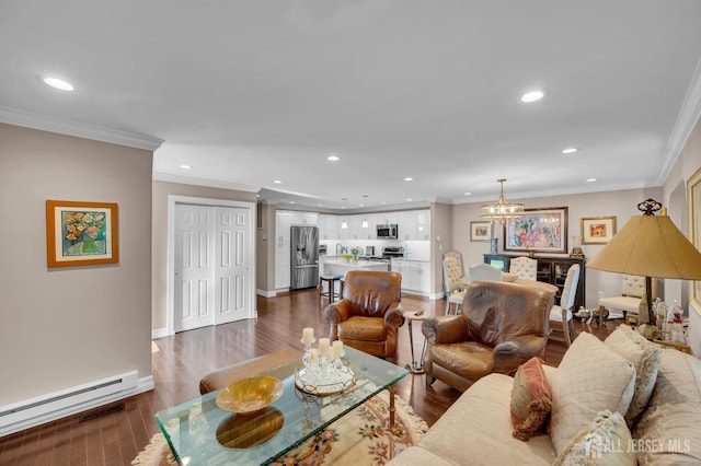 3 William Harrison Dr Unit A, Monroe, NJ 08831 - living room with a baseboard radiator, recessed lighting, a chandelier, dark wood-style flooring, and crown molding