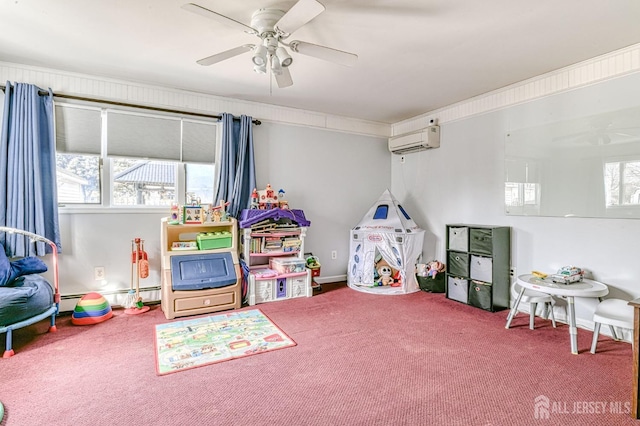 recreation room with a baseboard radiator, an AC wall unit, ceiling fan, and carpet