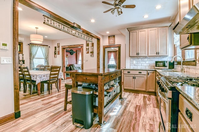 kitchen featuring stainless steel range with gas cooktop, a sink, light wood finished floors, and extractor fan