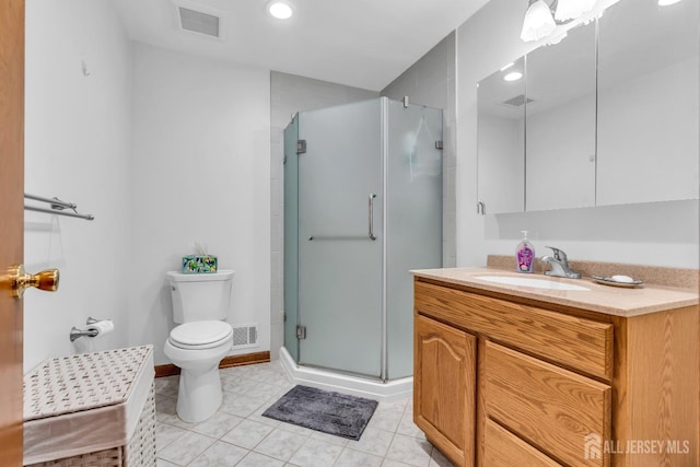 bathroom with tile patterned flooring, toilet, vanity, visible vents, and a shower stall