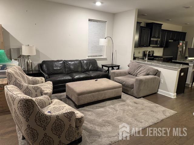 living room featuring dark hardwood / wood-style flooring and sink