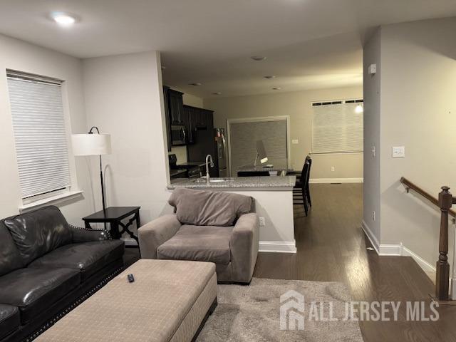 living room featuring dark hardwood / wood-style floors and sink