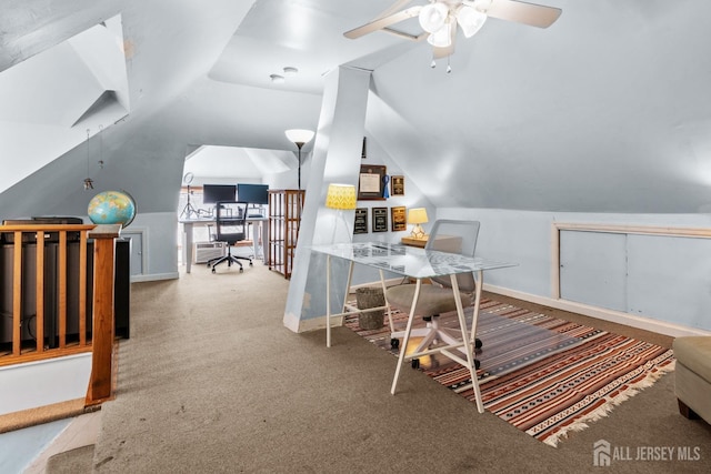 31 Riva Ave, Milltown, NJ 08850 - office area featuring vaulted ceiling, ceiling fan, carpet floors, and baseboards