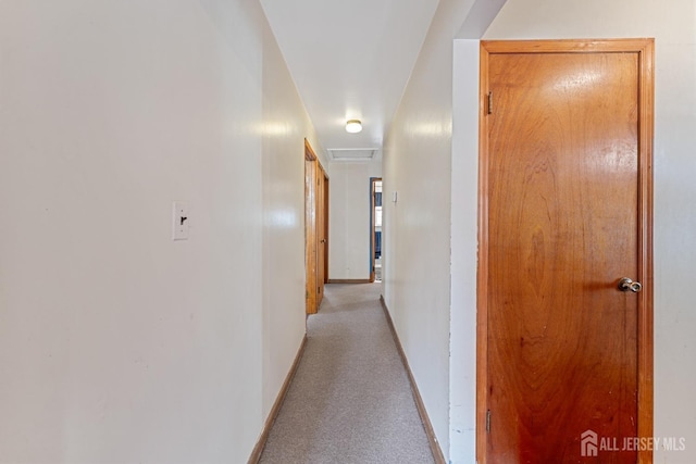 corridor with light carpet and baseboards