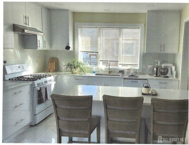 307 Poll Pl, Edison, NJ 08817 - kitchen with white gas range, under cabinet range hood, light countertops, light marble finish floors, and dishwasher