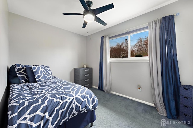 bedroom featuring dark carpet, ceiling fan, and baseboards