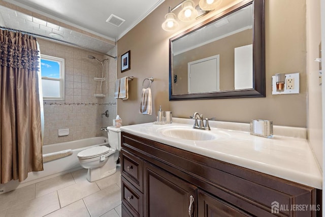 full bath with shower / tub combo, vanity, ornamental molding, toilet, and visible vents