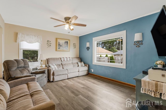 229 Harris Ave, Middlesex, NJ 08846 - living room with a ceiling fan, wood finished floors, and crown molding