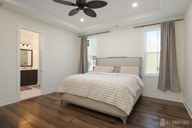 21 Cole Pl, Cranbury, NJ 08512 - bedroom featuring a raised ceiling, dark wood-type flooring, multiple windows, and recessed lighting
