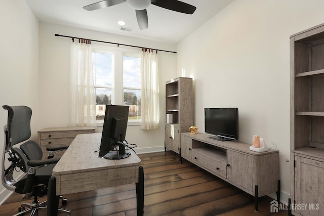 21 Cole Pl, Cranbury, NJ 08512 - home office with dark wood finished floors, a ceiling fan, and baseboards