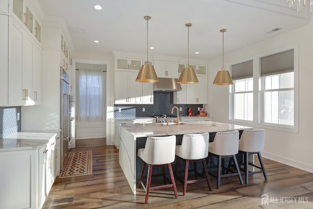 21 Cole Pl, Cranbury, NJ 08512 - kitchen with under cabinet range hood, a sink, wood finished floors, a center island with sink, and recessed lighting