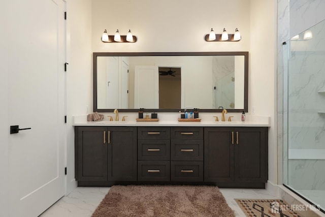 21 Cole Pl, Cranbury, NJ 08512 - bathroom with marble finish flooring, a marble finish shower, double vanity, ceiling fan, and baseboards