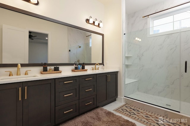 21 Cole Pl, Cranbury, NJ 08512 - full bathroom with marble finish flooring, a marble finish shower, double vanity, and a ceiling fan