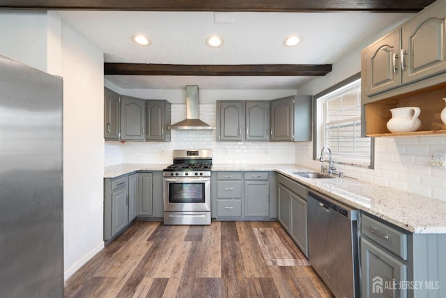 201 Summit Ave, Fords, NJ 08863 - kitchen with appliances with stainless steel finishes, wall chimney range hood, gray cabinetry, dark wood-type flooring, and backsplash