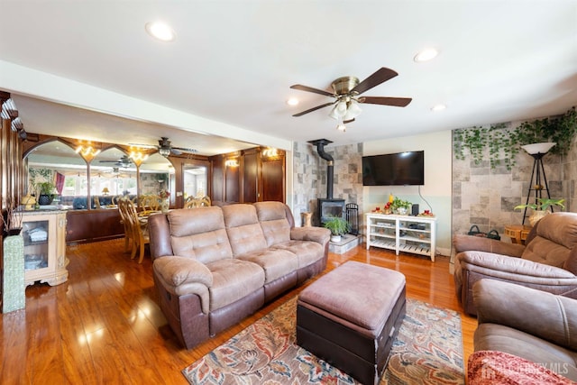 201 Summit Ave, Fords, NJ 08863 - living area with ceiling fan, a wood stove, wood finished floors, and recessed lighting