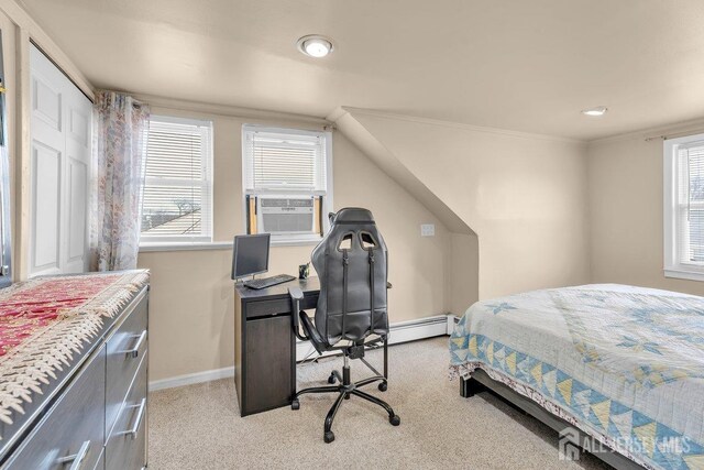 bedroom with cooling unit, a baseboard heating unit, crown molding, and light colored carpet