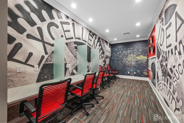 rec room featuring visible vents, crown molding, baseboards, carpet flooring, and recessed lighting