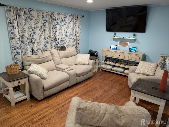 living room featuring crown molding, wood finished floors, and recessed lighting