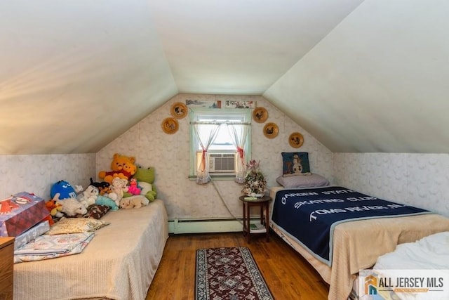 5 Berkley Blvd, Iselin, NJ 08830 - bedroom featuring a baseboard heating unit, wood finished floors, wallpapered walls, and lofted ceiling