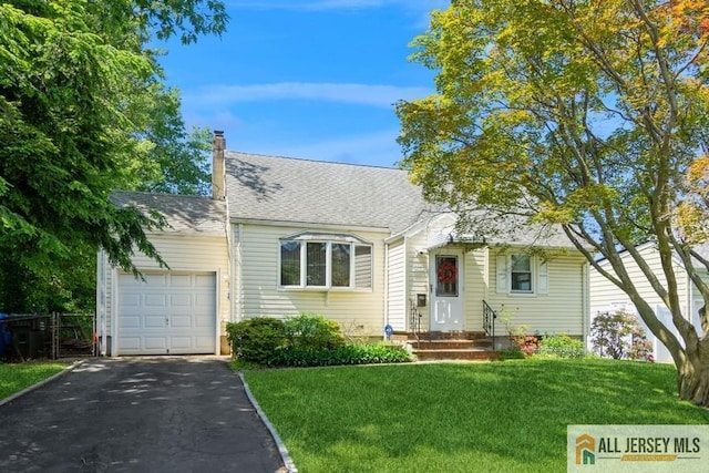 5 Berkley Blvd, Iselin, NJ 08830 - view of front of property with an attached garage, asphalt driveway, a front yard, a chimney, and a shingled roof