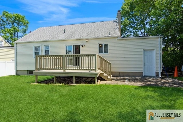 5 Berkley Blvd, Iselin, NJ 08830 - rear view of property featuring a lawn, a wooden deck, and roof with shingles