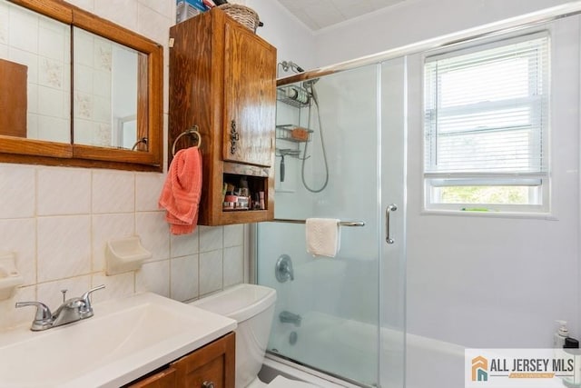 5 Berkley Blvd, Iselin, NJ 08830 - bathroom with an enclosed shower, toilet, vanity, and decorative backsplash