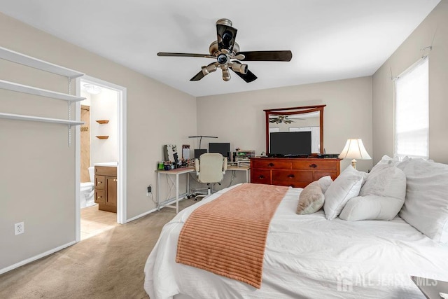 223 Perth Hill Ct, Matawan, NJ 07747 - bedroom featuring light colored carpet, an office area, ensuite bath, baseboards, and ceiling fan