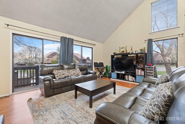 living room with a textured ceiling, wood finished floors, and high vaulted ceiling