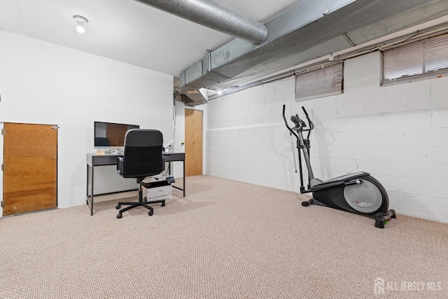 interior space with concrete block wall and carpet flooring