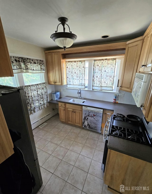 237 Prospect Ave, Dunellen, NJ 08812 - kitchen with dishwasher, white microwave, freestanding refrigerator, light tile patterned flooring, and dark countertops