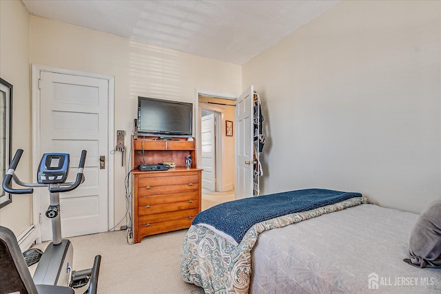 bedroom with light carpet