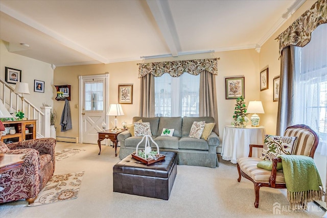 carpeted living room with beamed ceiling, a baseboard heating unit, ornamental molding, and stairway